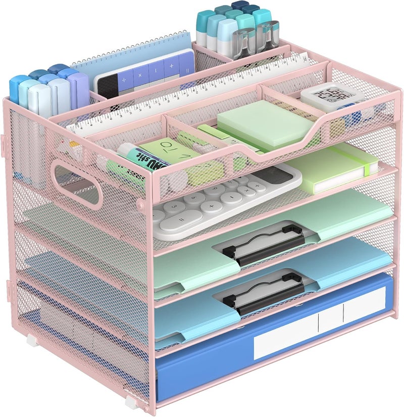 Docnest 5 Tier Mesh Desk Organizer- Letter Tray with Adjustable Compartments, Mesh Desktop Storage Built in Pen Holder and Handles, Desk Organizer Tray for Mail Documents Office Supplies–Pink - Image 1